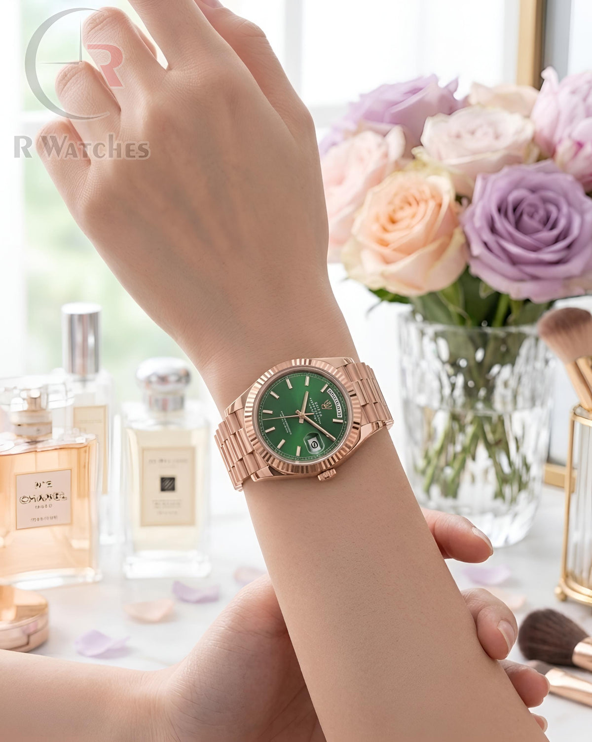 (OS2)⭐ Rolex Girls Rose Gold Green Dial