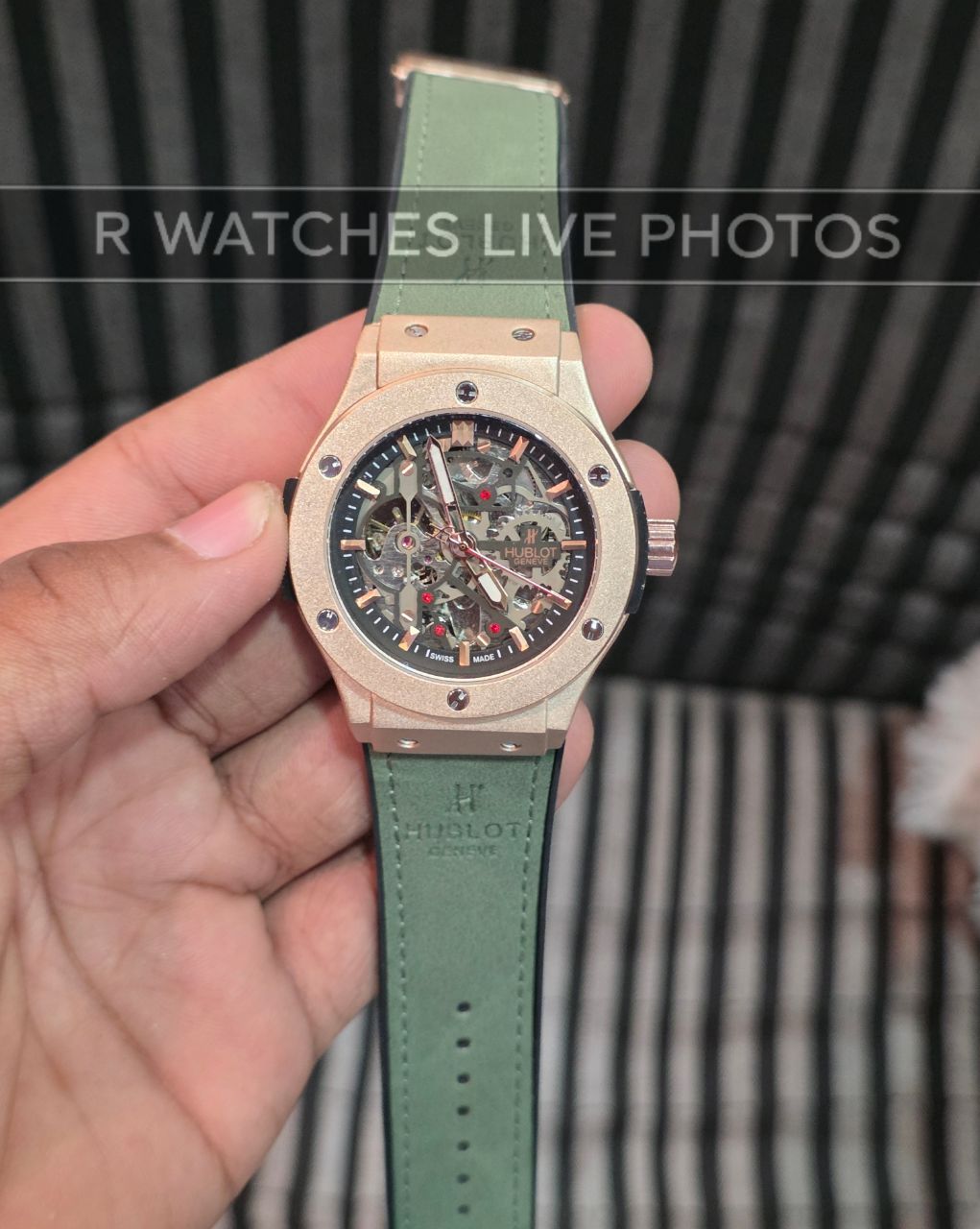 (OS6)⭐ Hublot Automatic Leather Rose Gold Black