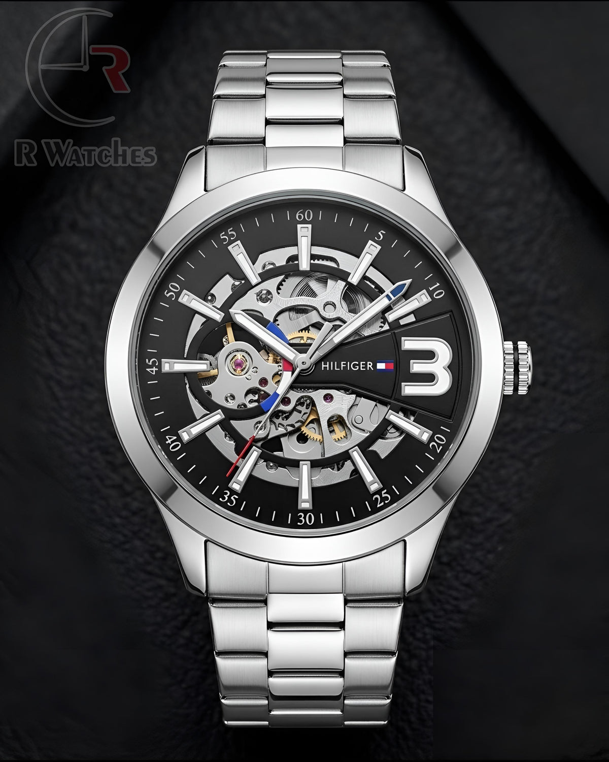 (OS)⭐ Tommy Hilfiger Automatic Silver Black Dial