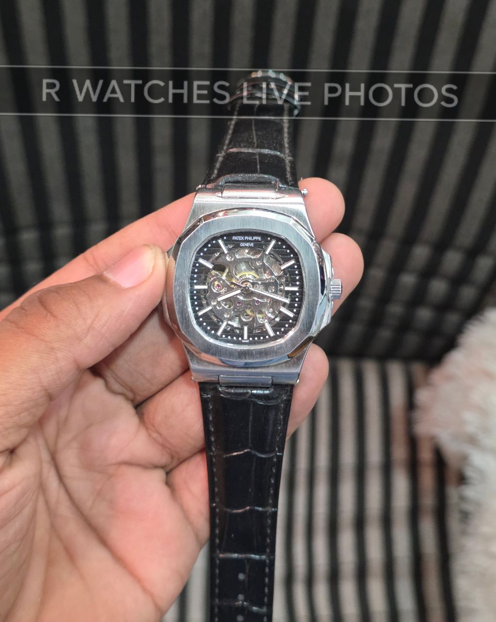 (OS)⭐ Patek Philippe Automatic Leather Silver Black