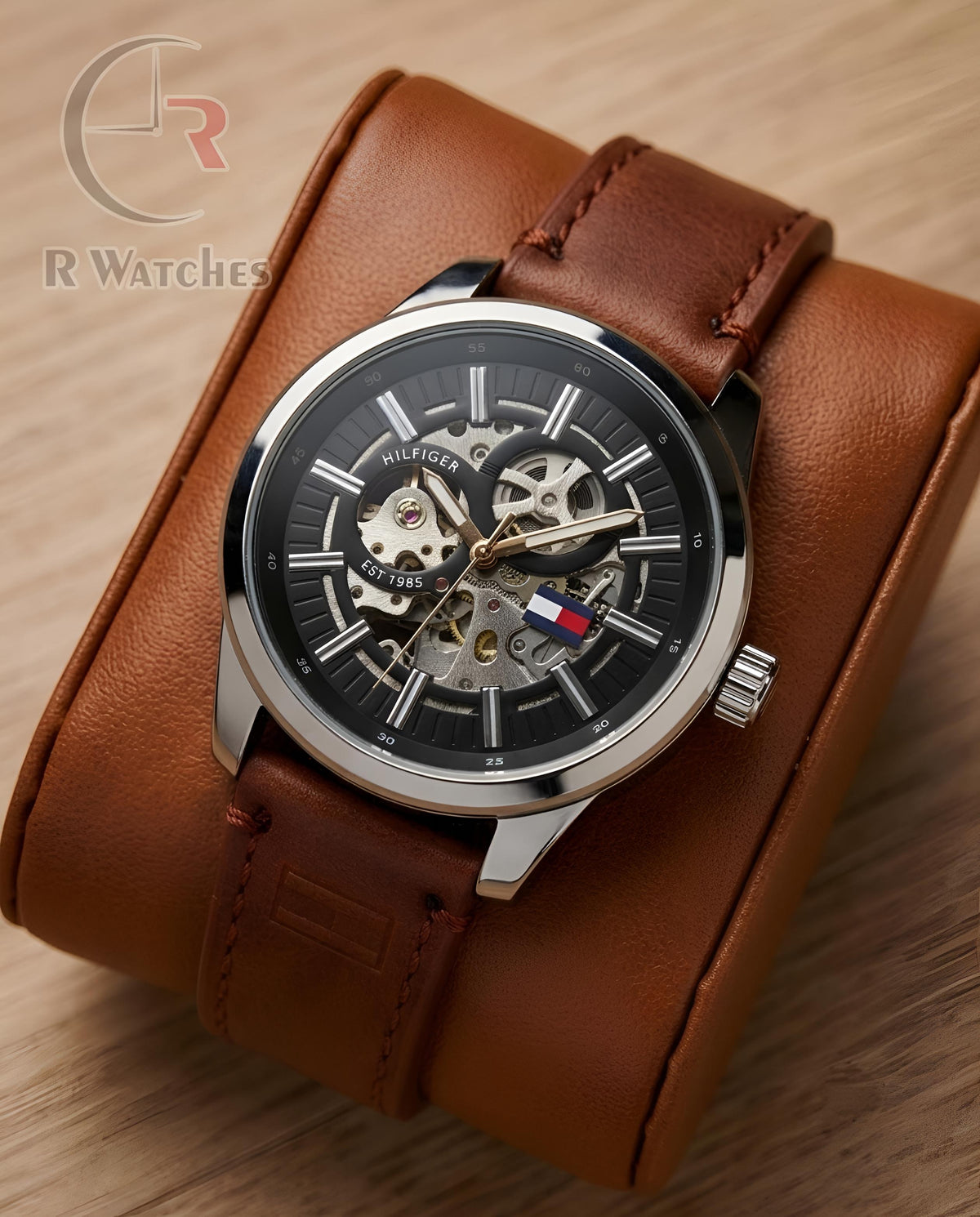 (OS)📷⬆️ Tommy Hilfiger Automatic Leather Silver Brown (THAL1)