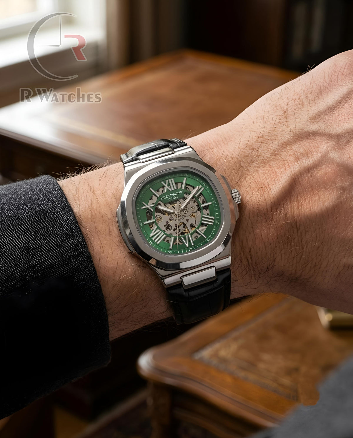 (OS) Patek Philippe Automatic Leather Silver Green Black