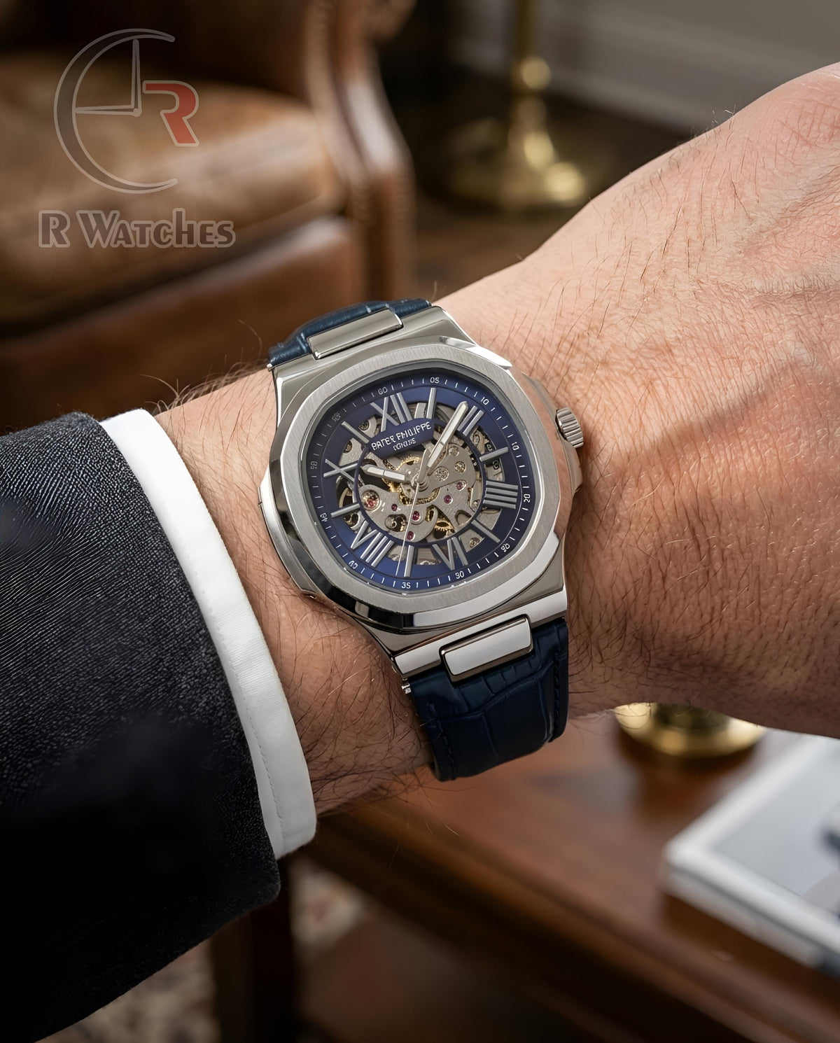 (OS) Patek Philippe Automatic Leather Silver Blue