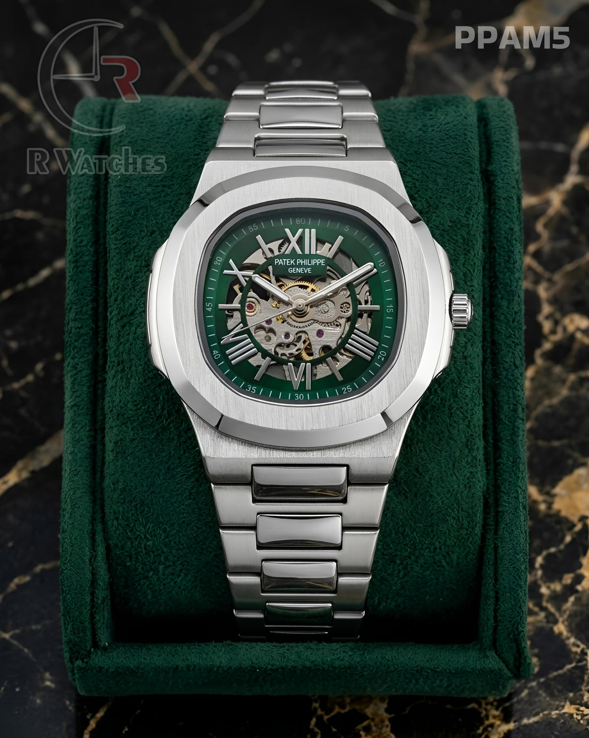 (OS)π€βPatek Philippe Automatic Silver Green Roman Dial (PPAM5)