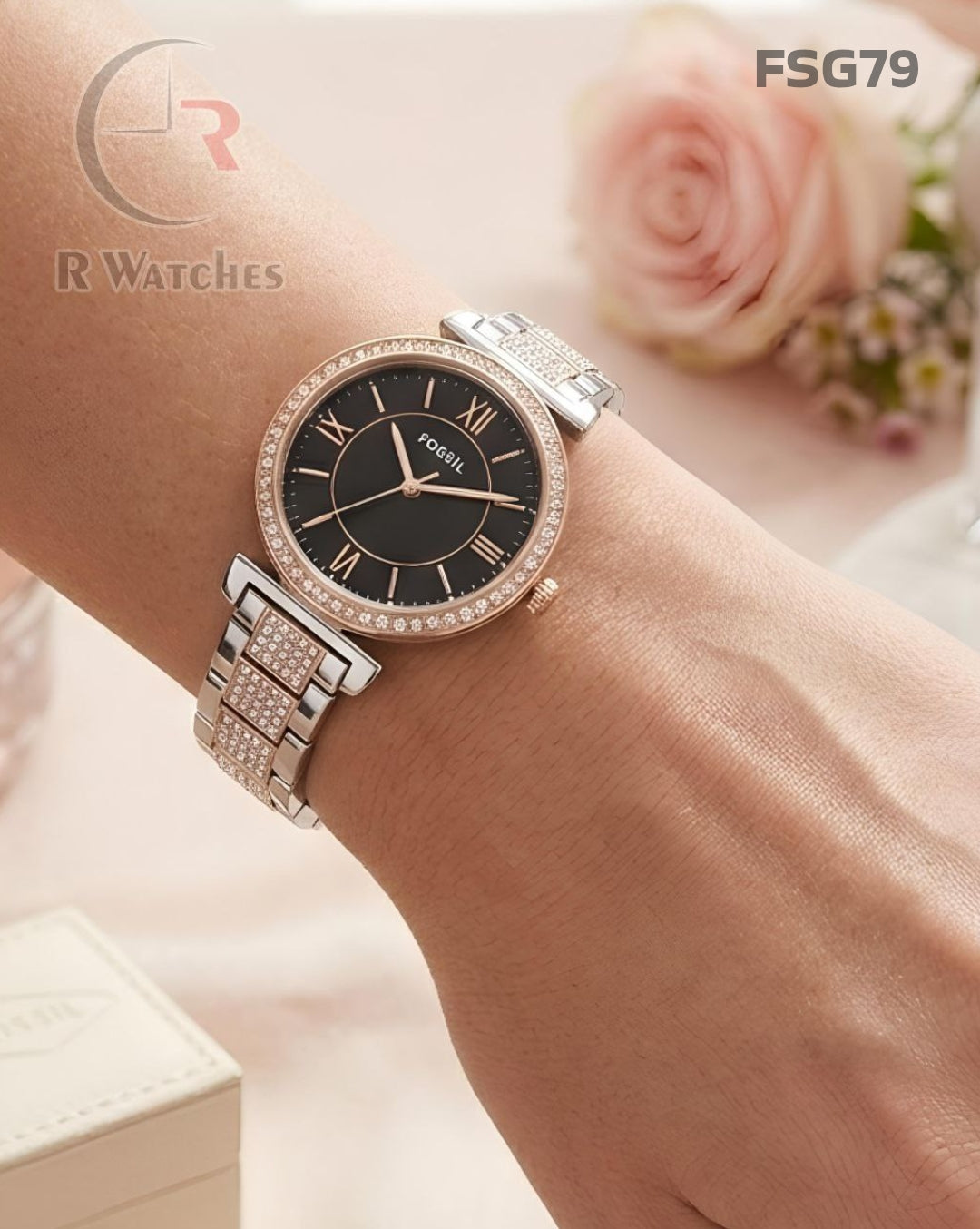 (SS)🖤⬆️ Fossil Rose Gold Black Diamond Dial (FSG79)