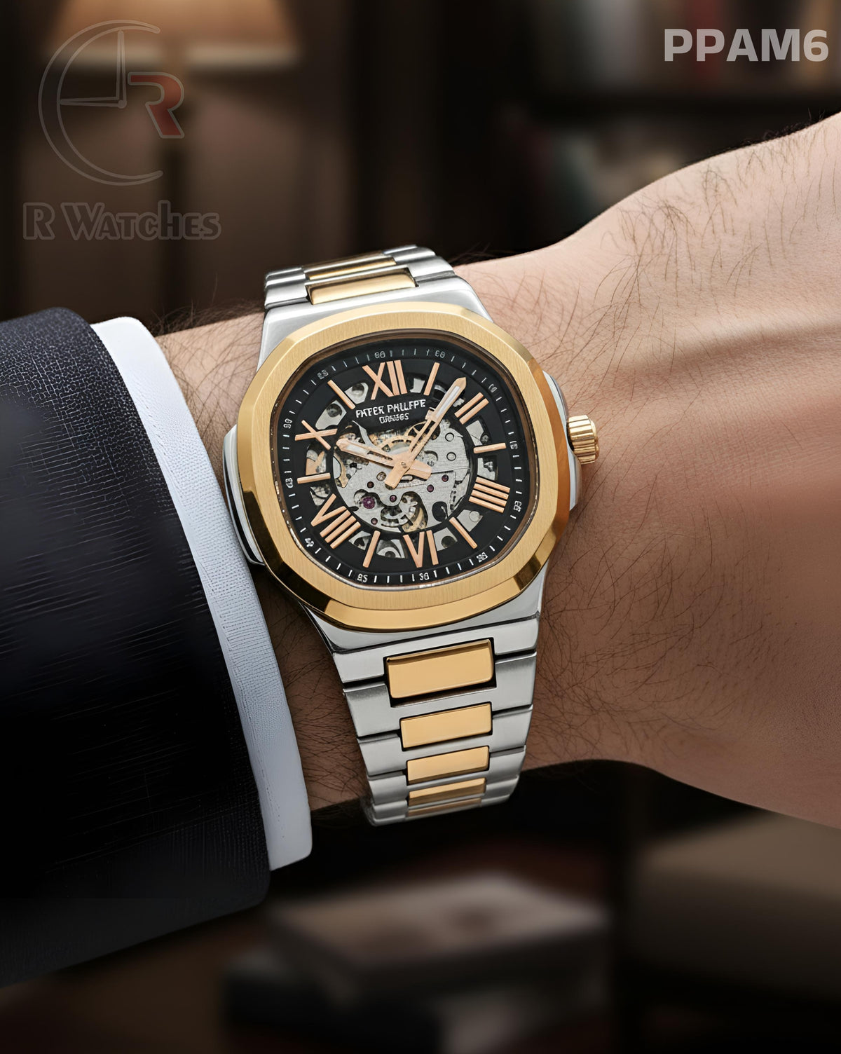 (OS)🖤⭐ Patek Philippe Automatic Dual Tone Black Roman Dial (PPAM6)