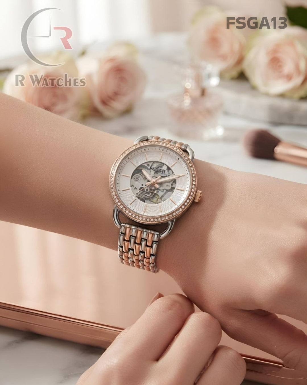 (SS)🖤⬆️ Fossil Girls Automatic Diamond Rose Gold White (FSGA13)