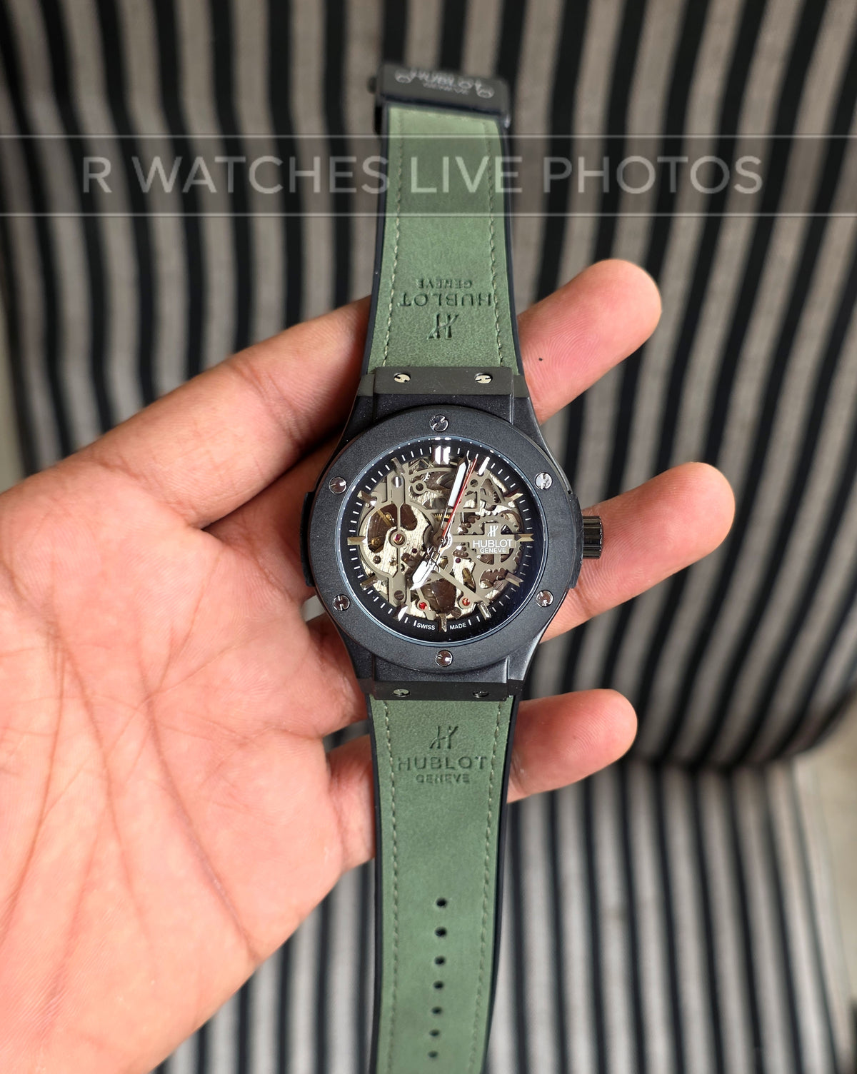 (OS)🖤⭐ Hublot Automatic Leather Green Black Silver (HBAL4)