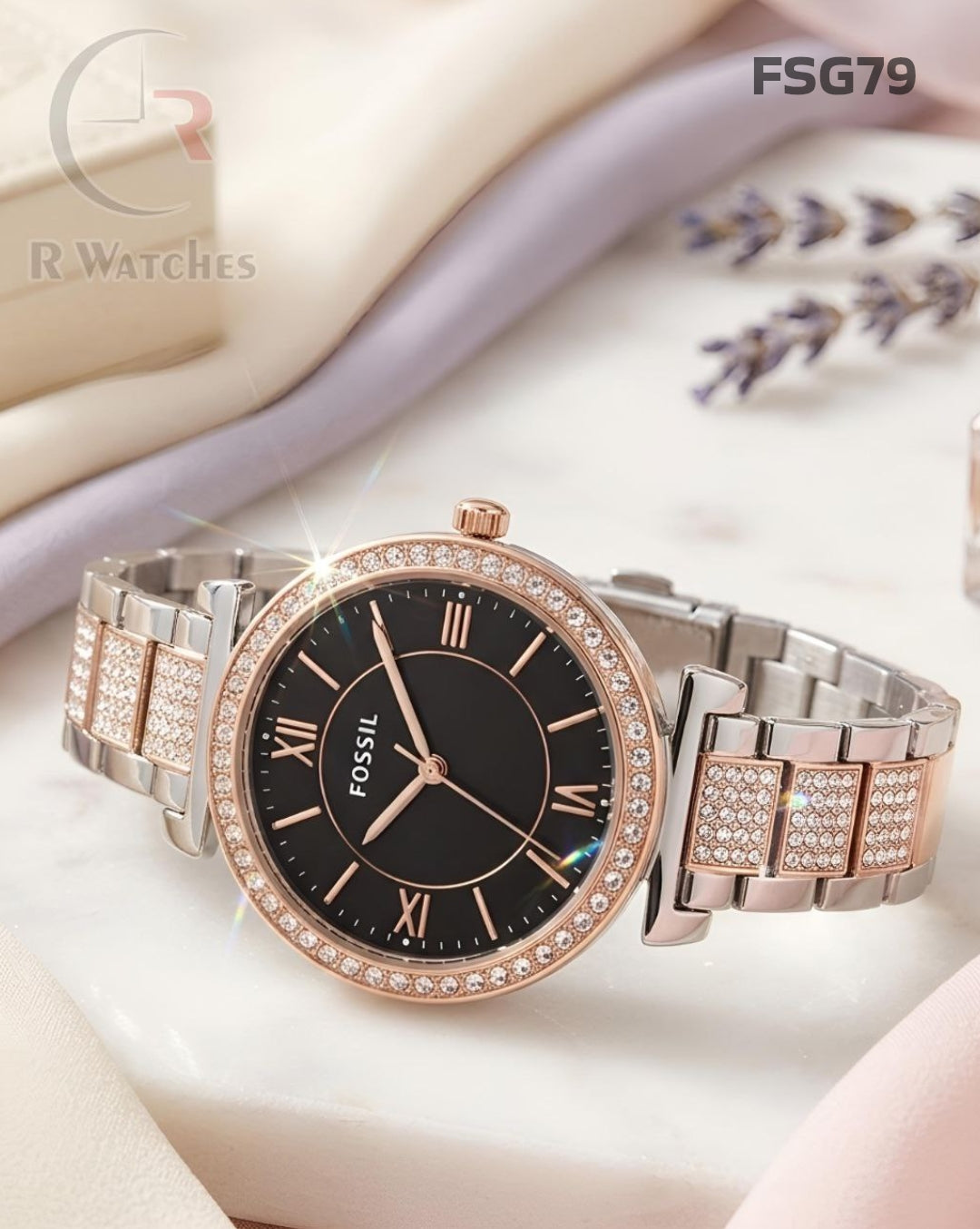 (SS)🖤⬆️ Fossil Rose Gold Black Diamond Dial (FSG79)