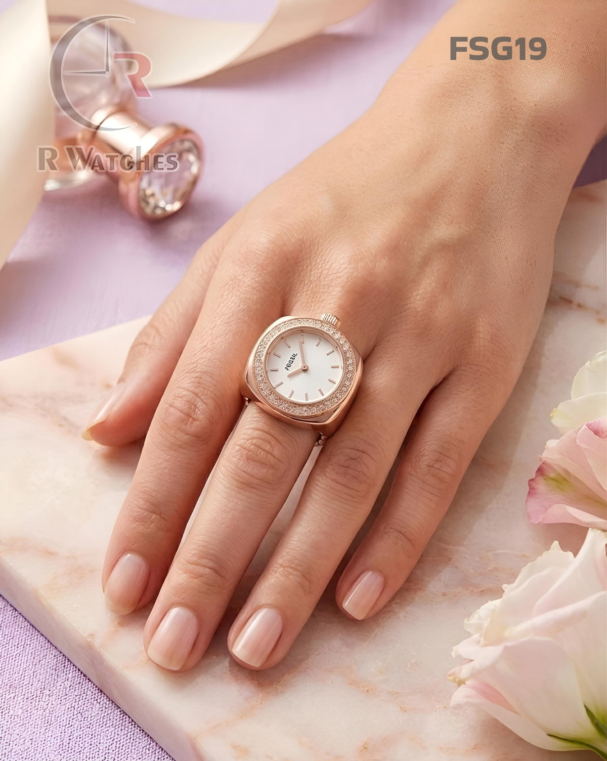 (OS)🖤⬆️ Fossil Girls Ring Diamond Rose Gold White (FSG19)