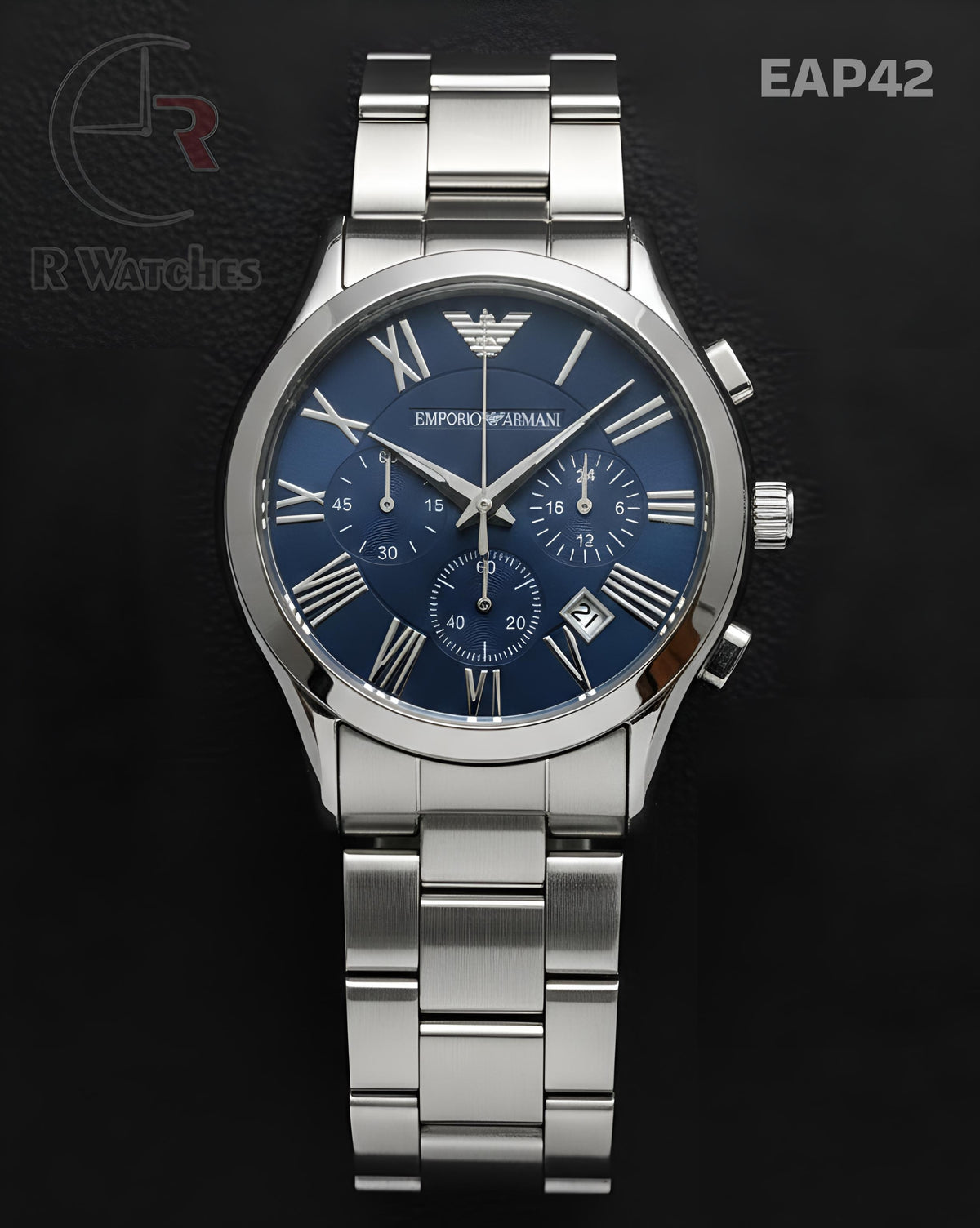 (SS)🖤 Armani Metal Silver Blue Roman Dial (EAP42)