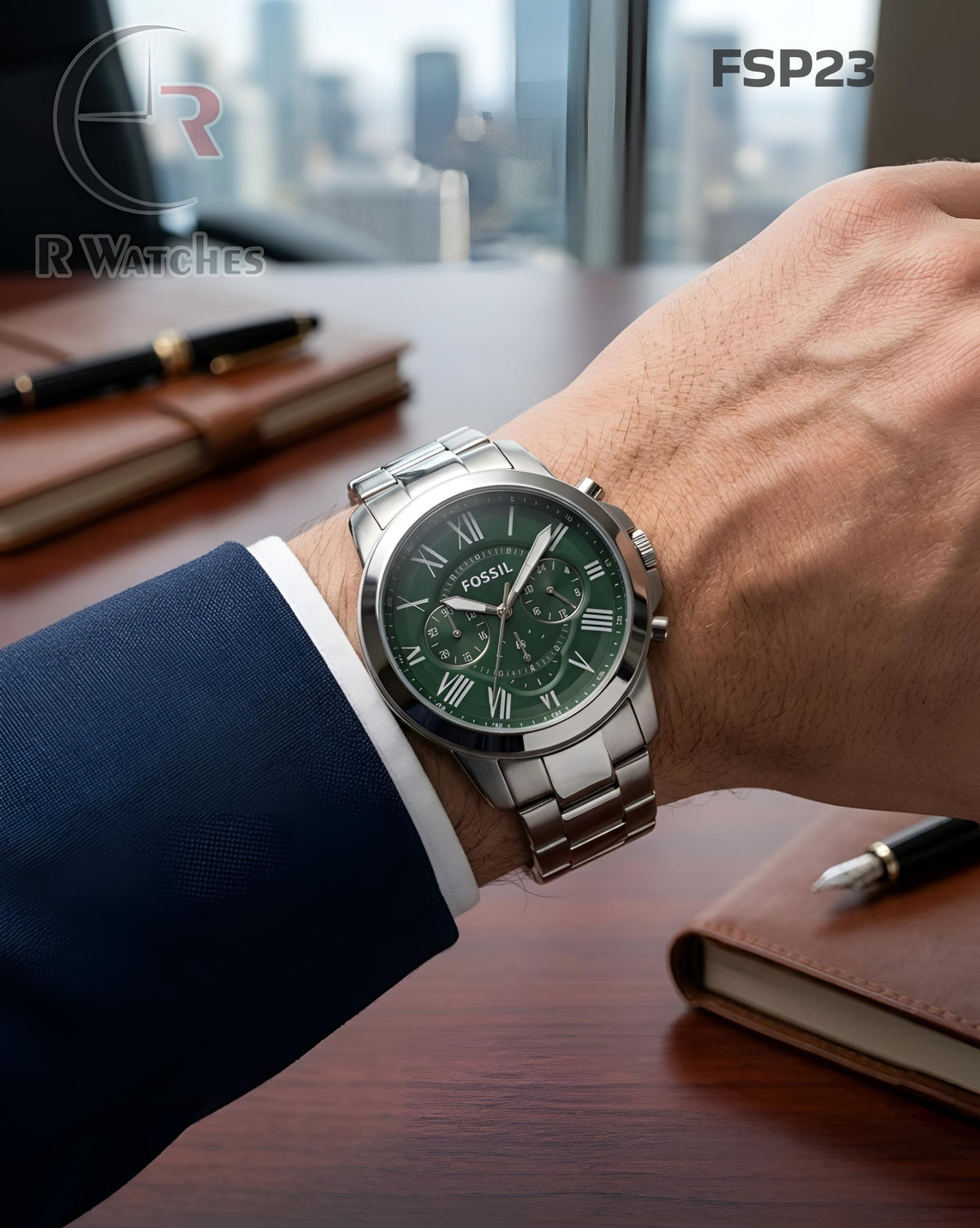 (OS2)🖤⭐ Fossil Silver Green Roman Dial (FSP23)