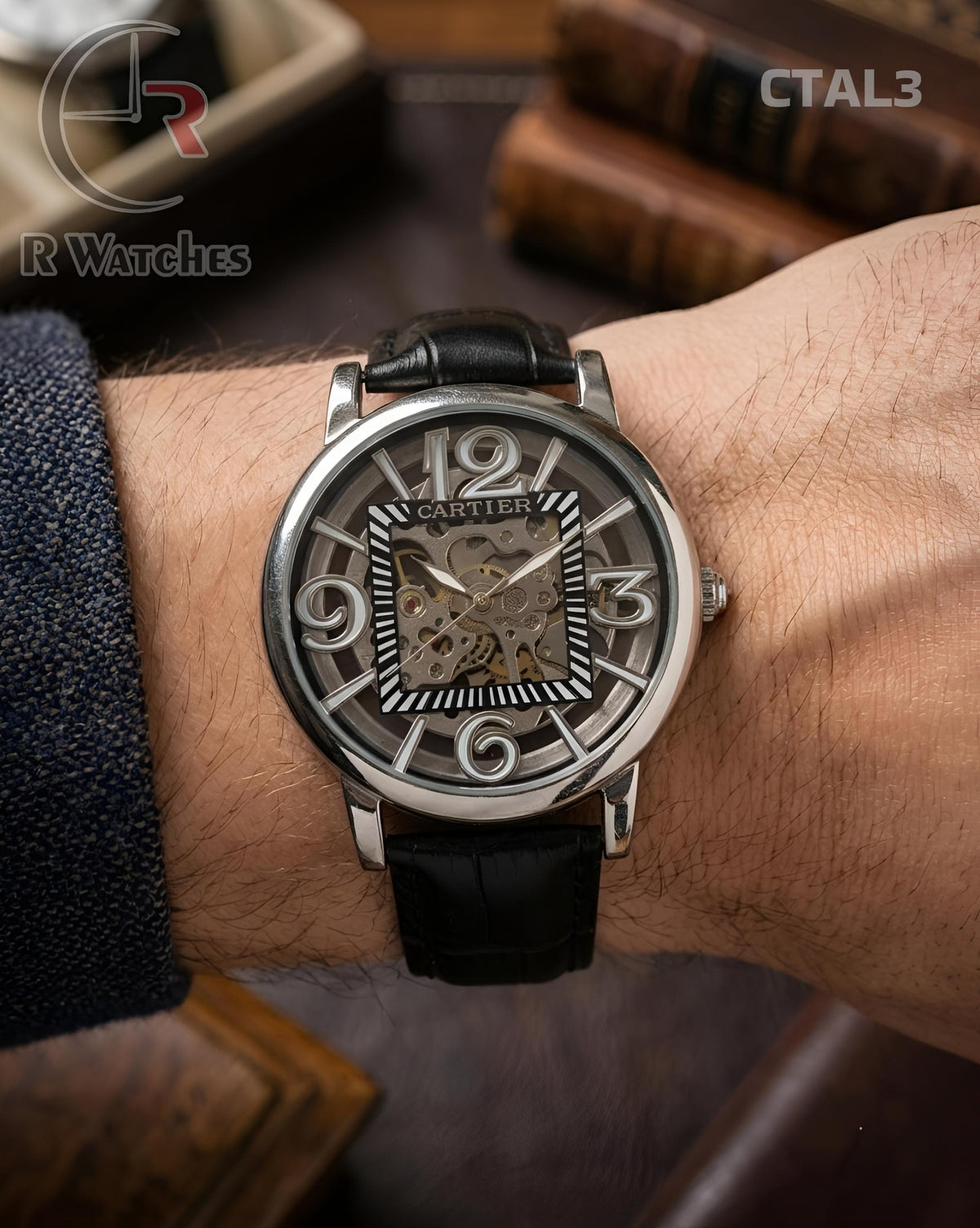 (OS)🖤⬆️🔁 Cartier automatic leather Silver Black (CTAL3)