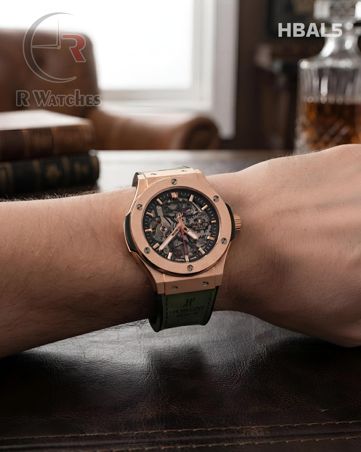 (OS5)🖤⭐ Hublot Automatic Leather Rose Gold Black (HBAL5)