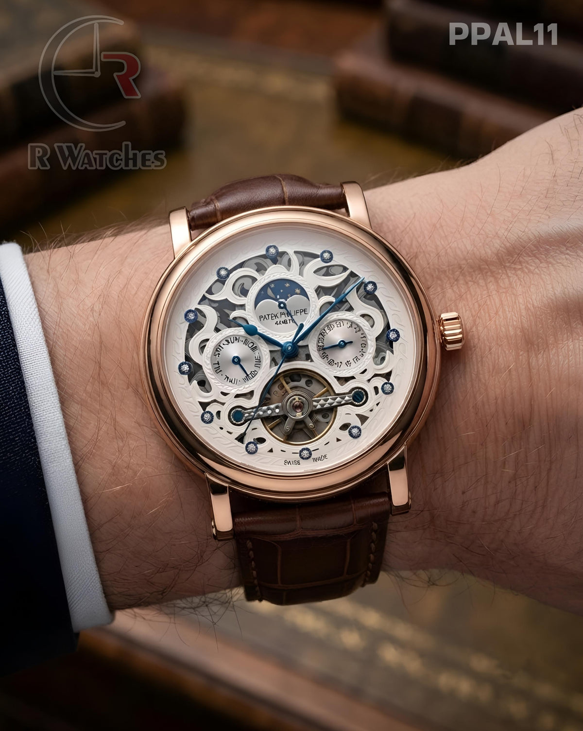 (OS)🖤⭐ Patek Philippe Automatic Leather Rose Gold White Dial (PPAL11)