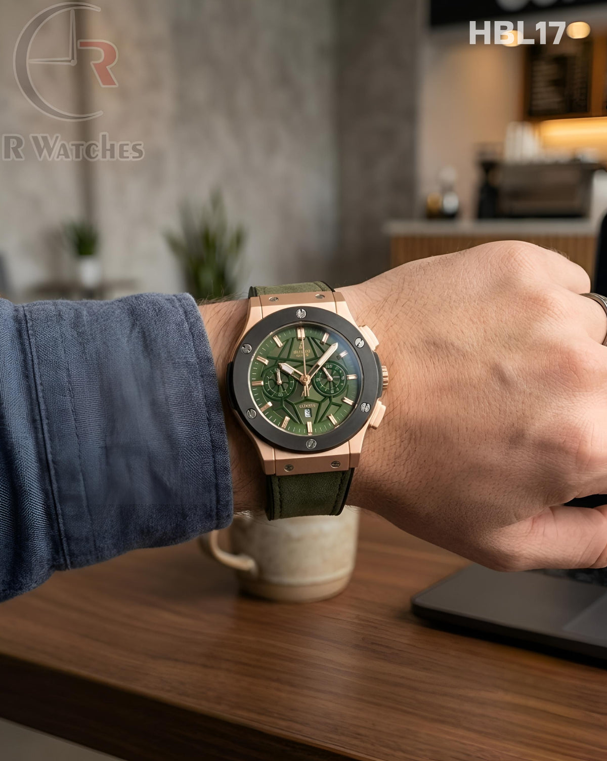 (OS)🖤 Hublot Machinery Leather Black Rose Gold Green (HBL17)