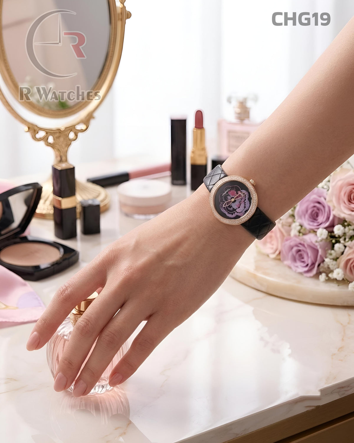 (SS)🖤⭐ Chanel Girls Leather Rose Gold Black Dial (CHG19)
