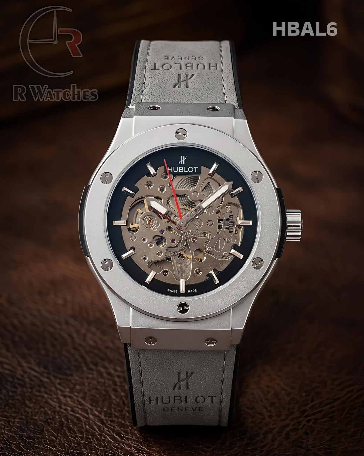 (SS)🖤⬆️⭐ Hublot Automatic Leather Grey Silver Black Dial (HBAL6)