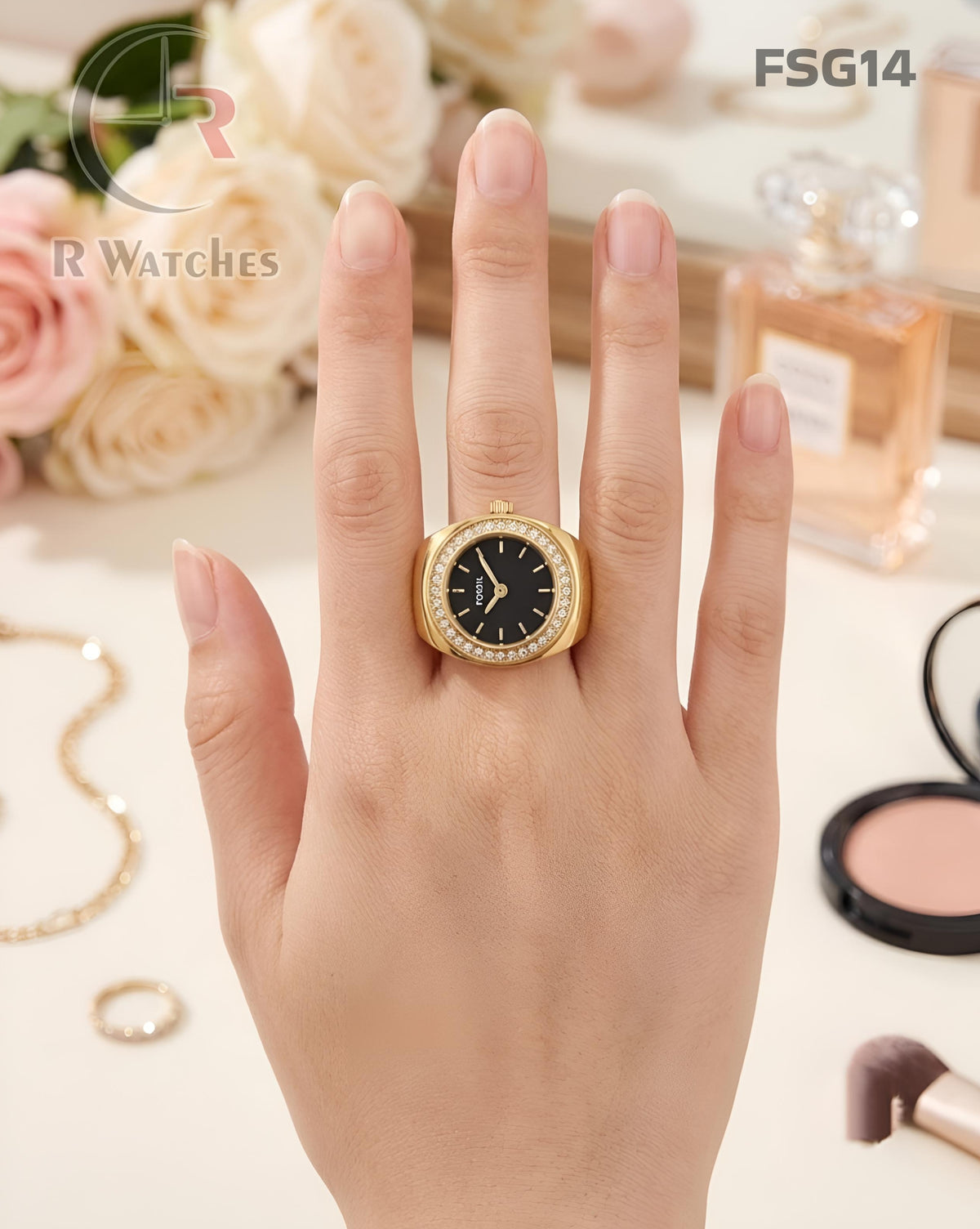 (OS)🖤⬆️ Fossil Girls Ring Diamond Gold Black (FSG14)
