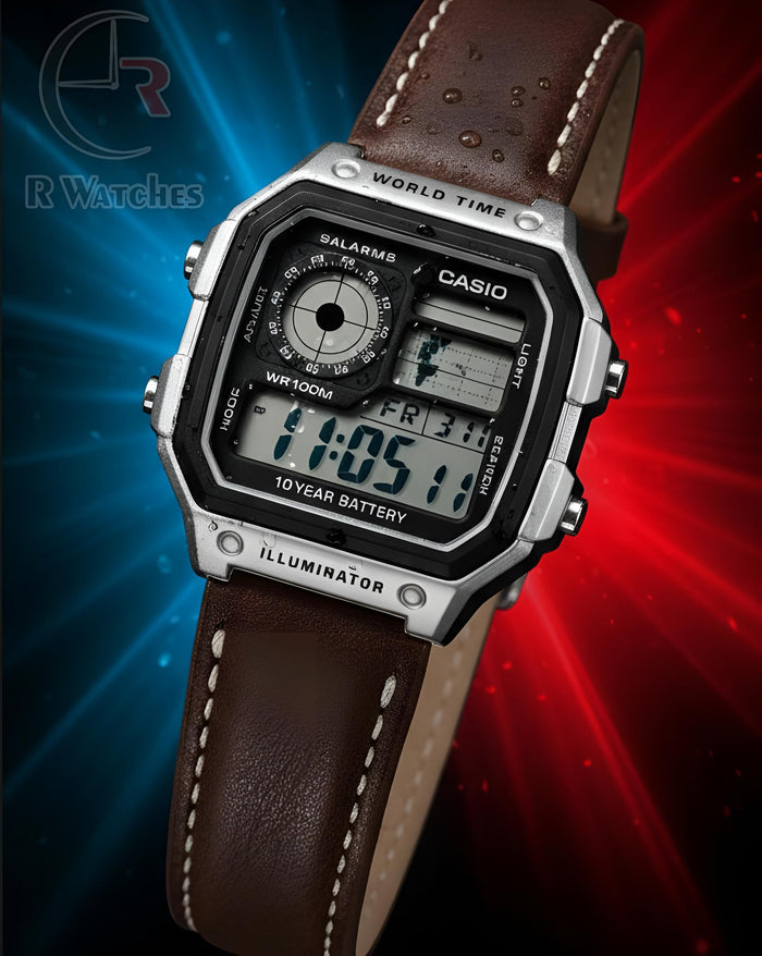 (OS)⭐ World time leather brown silver black