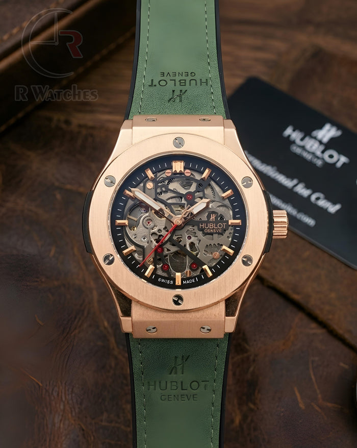 (OS7) Hublot Automatic Leather Rose Gold Black