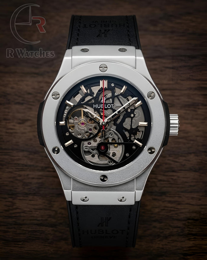 (SS) Hublot Automatic Leather Black Silver Black Dial