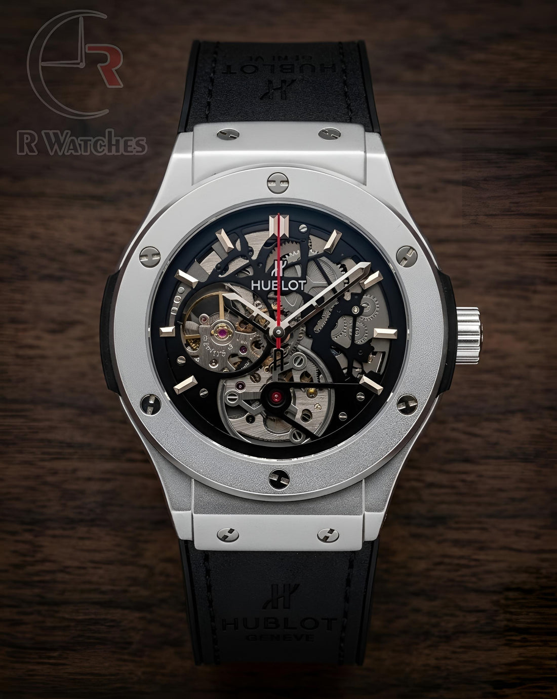 (OS) Hublot Automatic Leather Black Silver Black Dial