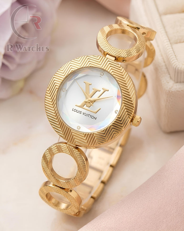 (SS) LV Girls Diamond Cutt Gold White Dial