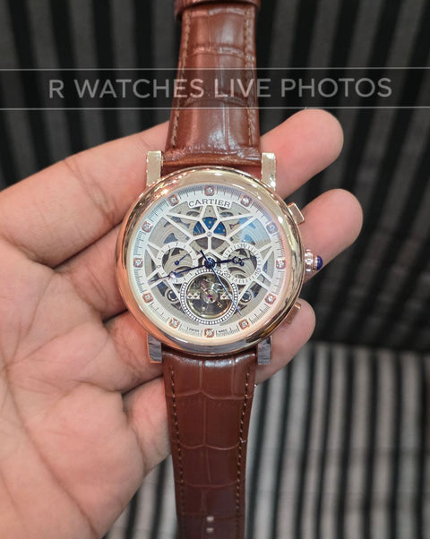 (OS2)⭐ Cartier Automatic Leather Rose Gold White