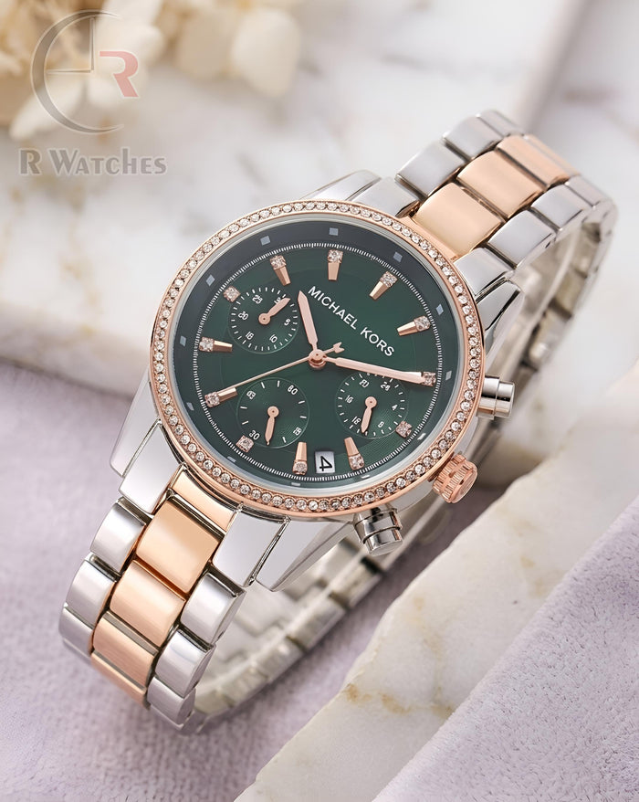 (OS) MK Girls Rose Gold Green Dial