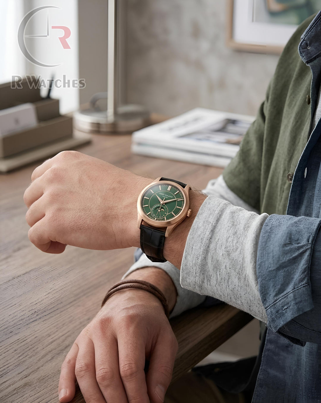 (OS) Patek Philippe Leather Rose Gold Green Black