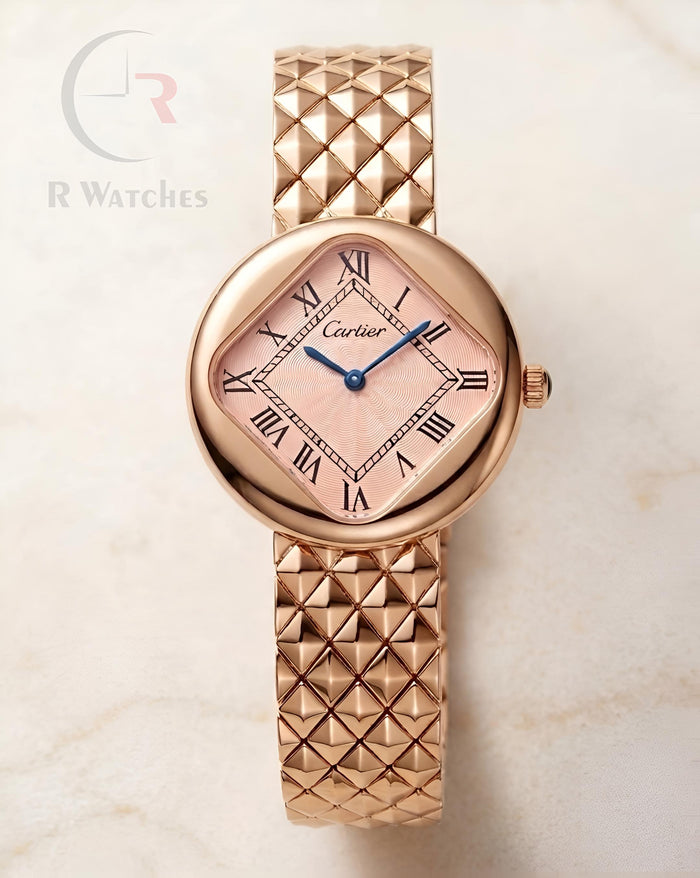 (OS)⭐ Cartier Girls Rose Gold Pink Roman Dial