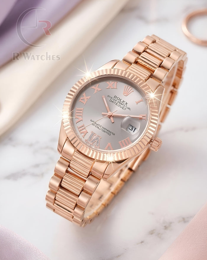 (OS) Rolex Girls Rose Gold Grey Dial Roman