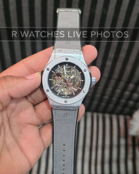 (OS3)⭐ Hublot Automatic Leather Grey Silver Black Dial