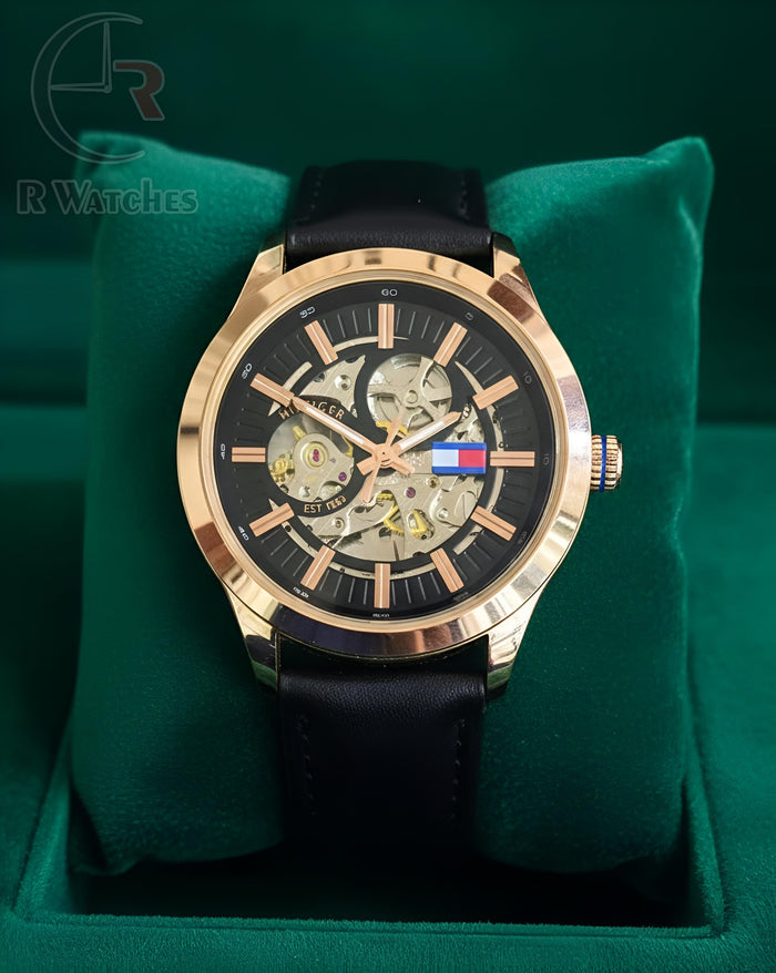 (OS) Tommy Hilfiger Automatic leather Rose Gold Black