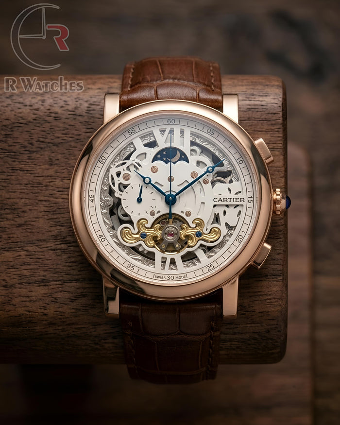 (OS2) Cartier Automatic Leather Rose Gold White Dial