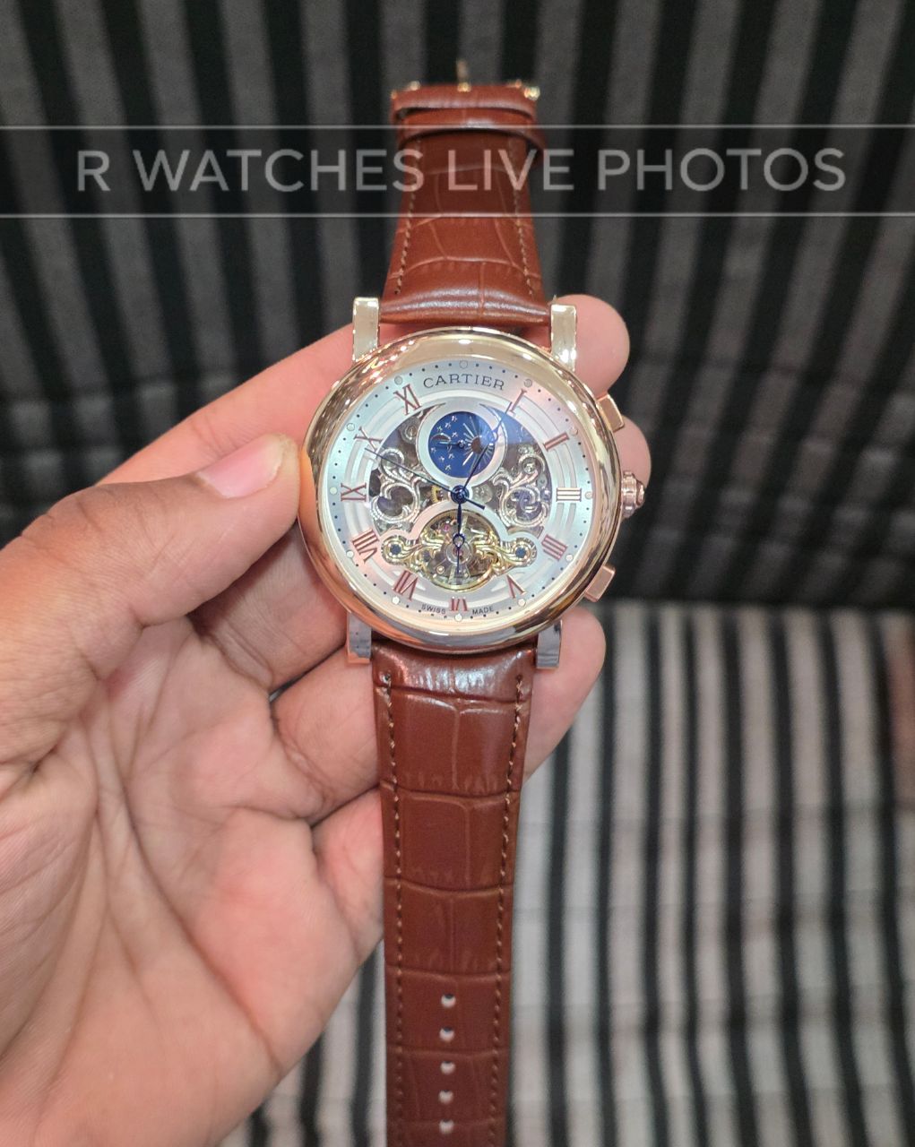 (OS2)⭐ Cartier Automatic Leather Rose Gold White Roman Dial