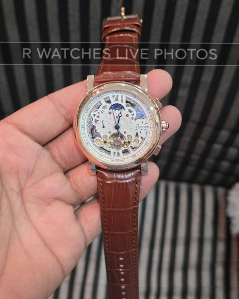 (OS2)⭐ Cartier Automatic Leather Rose Gold White Dial