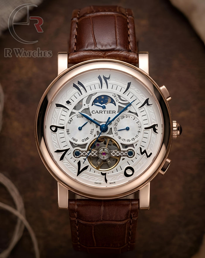 (OS4) Cartier Automatic Leather Rose Gold White Arabic Dial