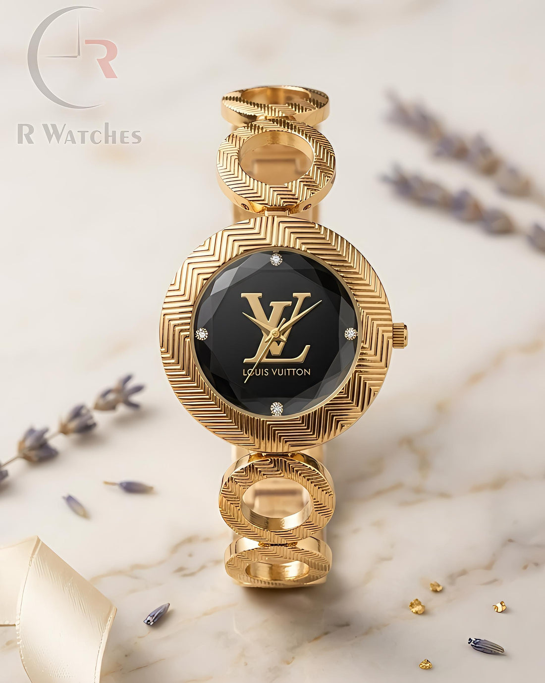 (OS) LV Girls Diomond Cutt Gold Black Dial