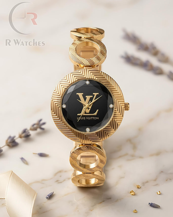(OS) LV Girls Diomond Cutt Gold Black Dial