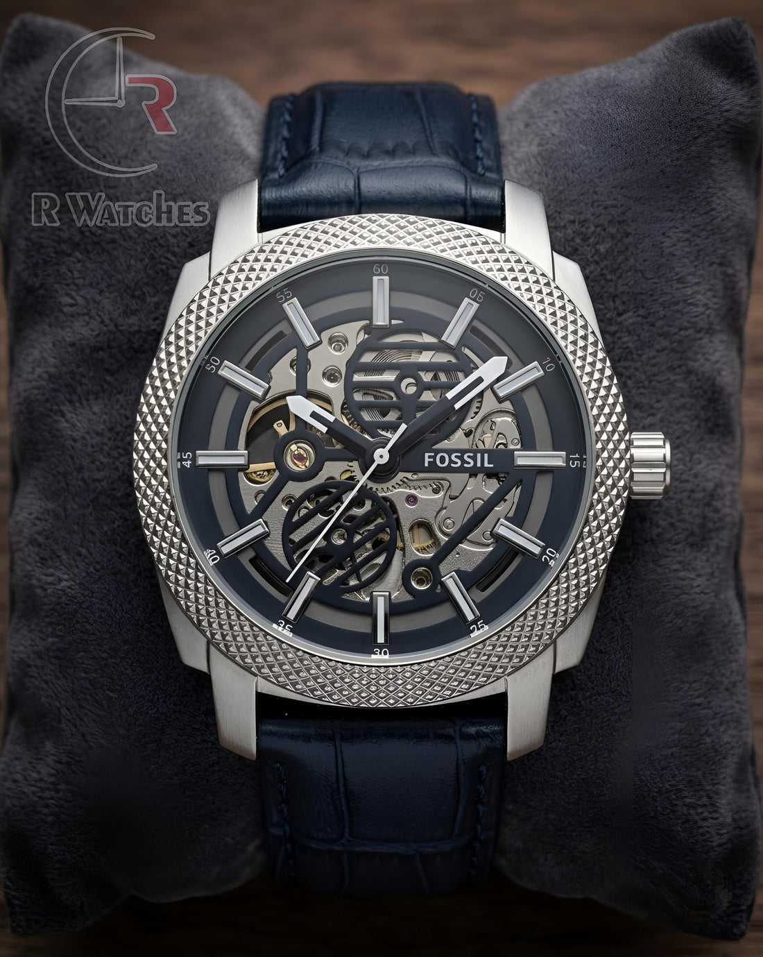 (OS) Fossil Automatic Leather Silver Blue
