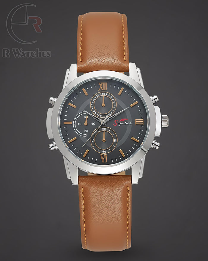 (OS)⭐ Signature Leather Brown Silver Black Dial