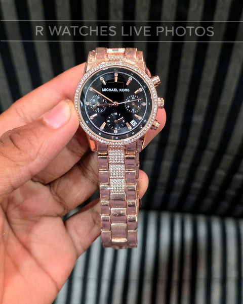 (OS)⭐ MK Girls Rose Gold Black Dial