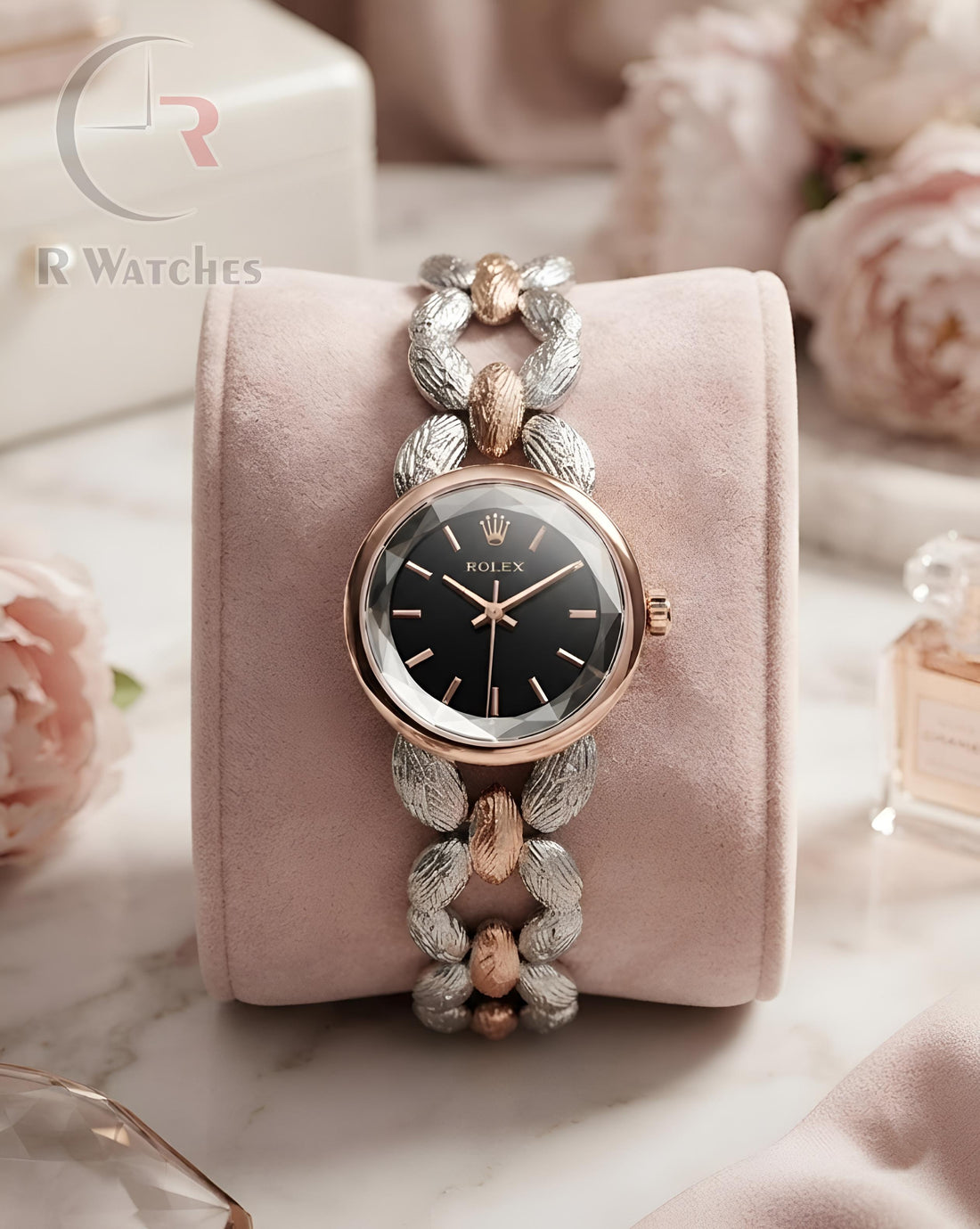 (OS) Rolex Girls Diamond Cutt Rose Gold Black