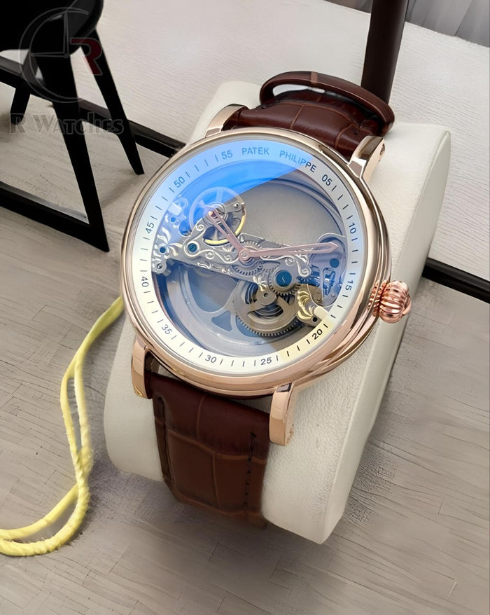 (OS) Patek Philippe Automatic leather Rose Gold Brown Leather