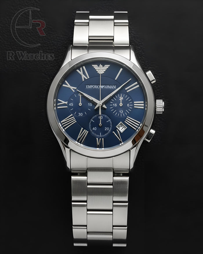 (SS) Armani Metal Silver Blue Roman Dial