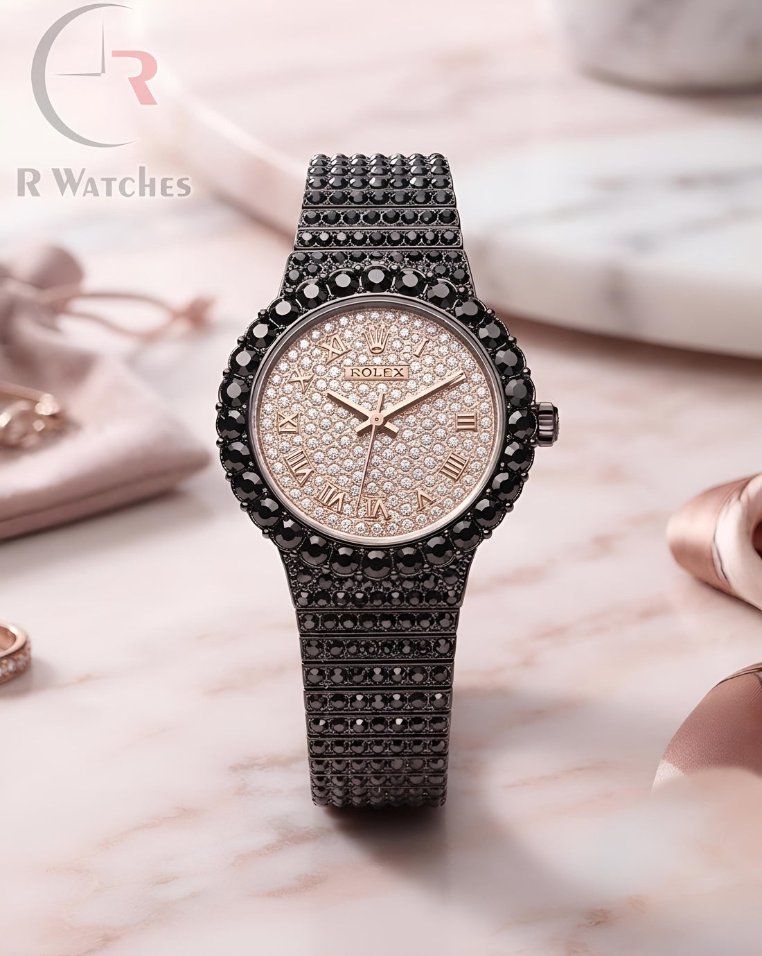 (OS) Rolex Girls Diamond Roman Black Rose Gold