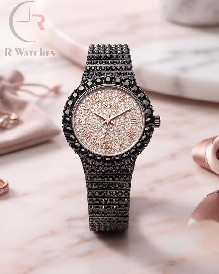 (OS) Rolex Girls Diamond Roman Black Rose Gold