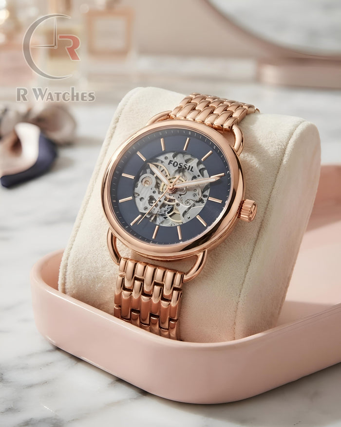 (SS) Fossil Girls Automatic Rose Gold Black